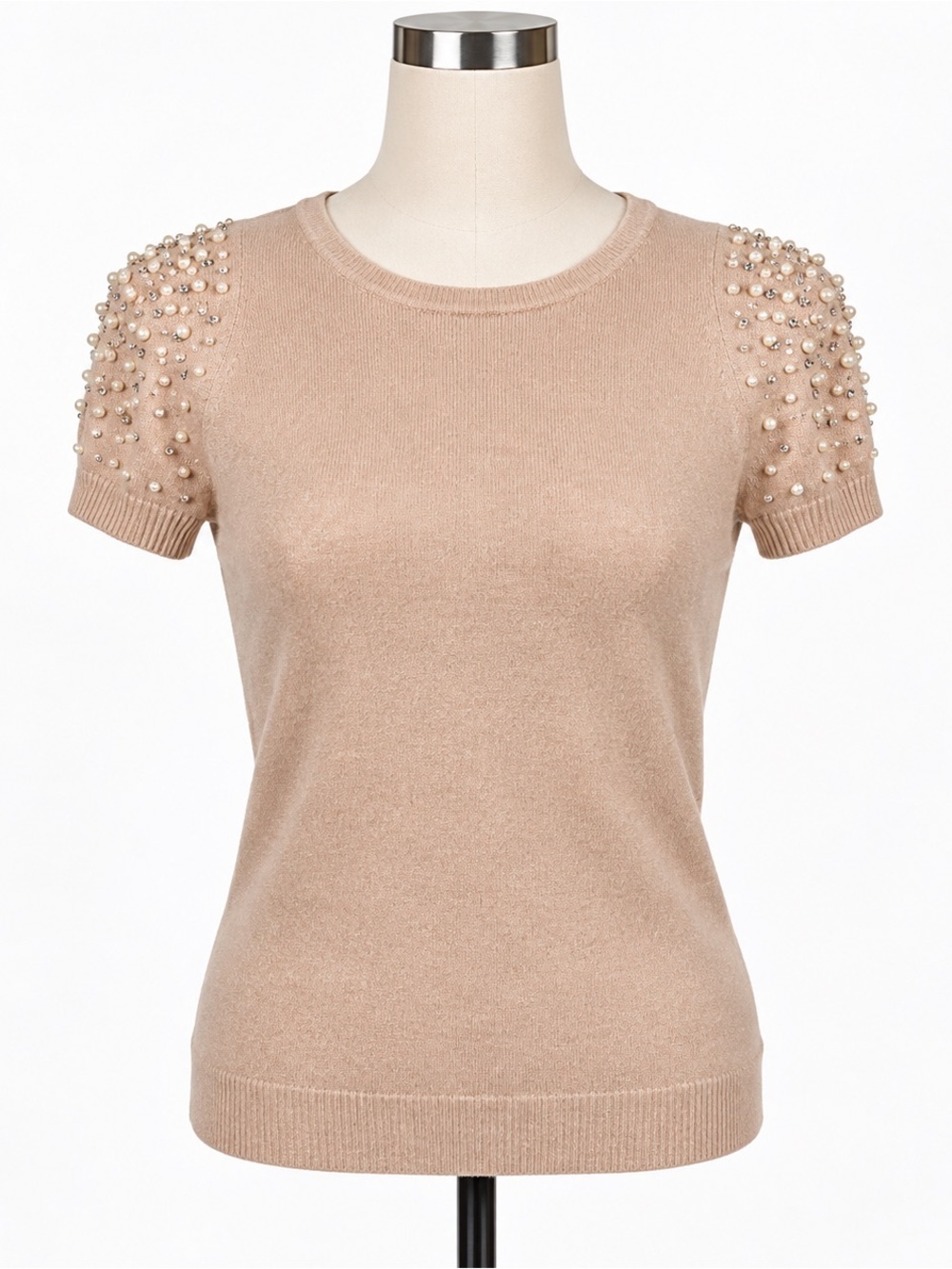 Ann Taylor tan short sleeve pearl rhinestone embellished crew neck sweater S